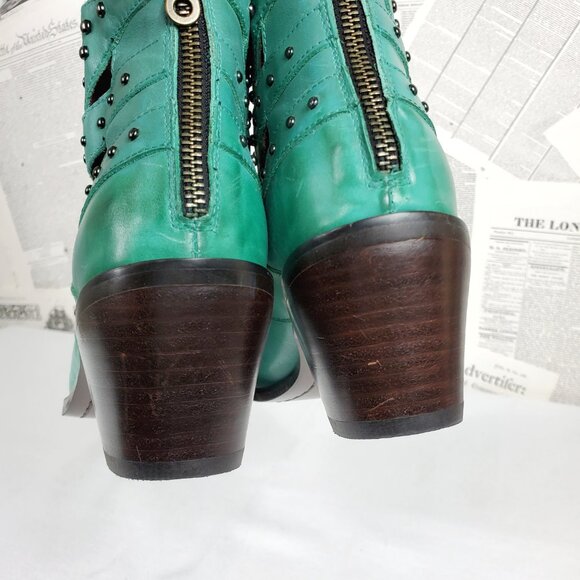 SOLD Lucky & Blessed Turquoise Leather Studded Cutout Western Cowboy Ankle Boots - Picture 8 of 12